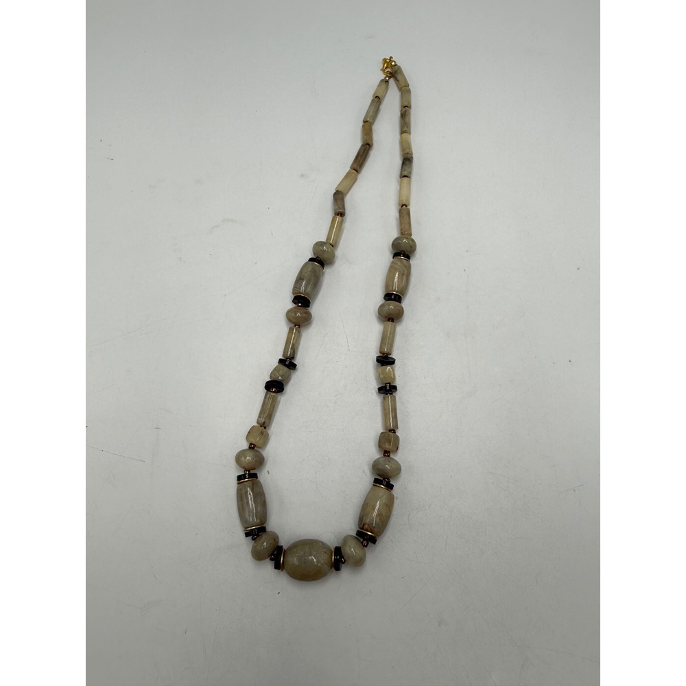 Natural Gray Tan Stone Beaded Statement Necklace Lobster Clasp
